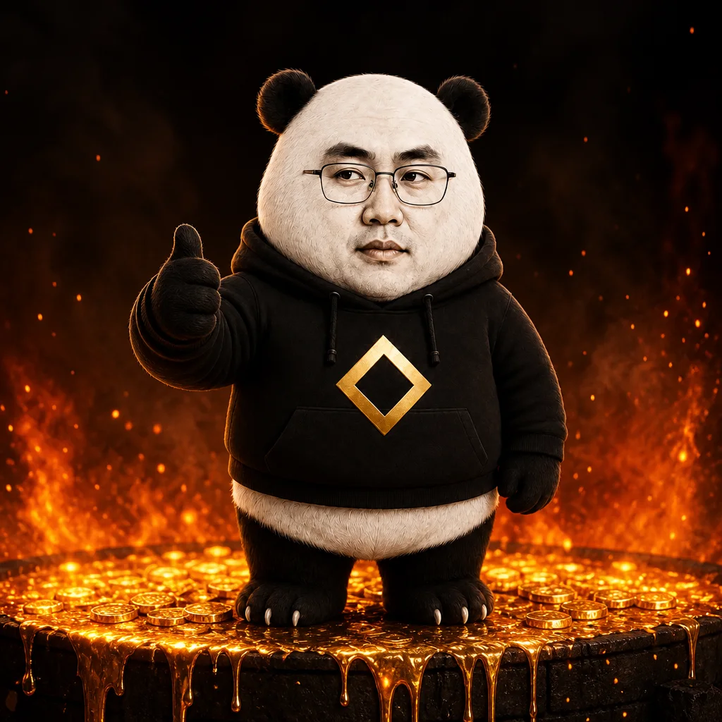 CZ-panda beside a fire-orange pit of melting gold coins