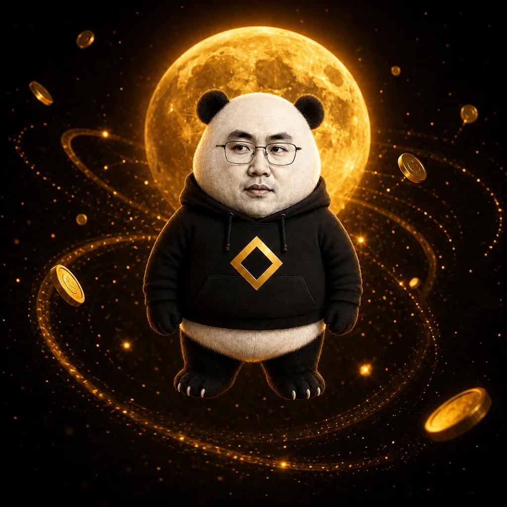 CZ-panda floating with gold coins in orbit