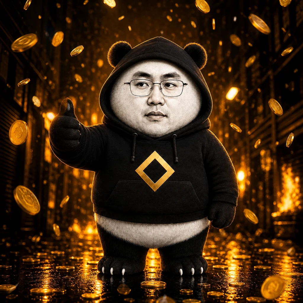 CZ-panda in a night alley under raining gold coins