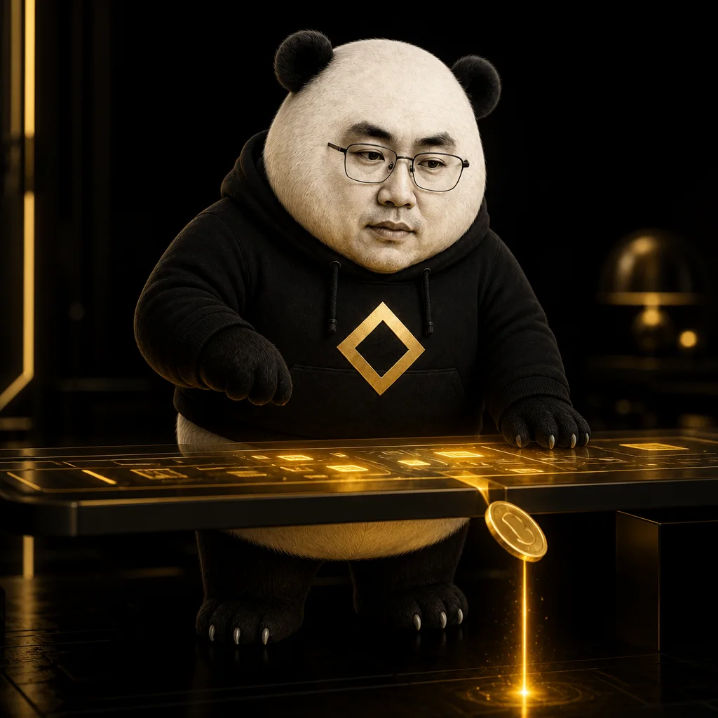 CZ-panda at a night desk sending a gold coin
