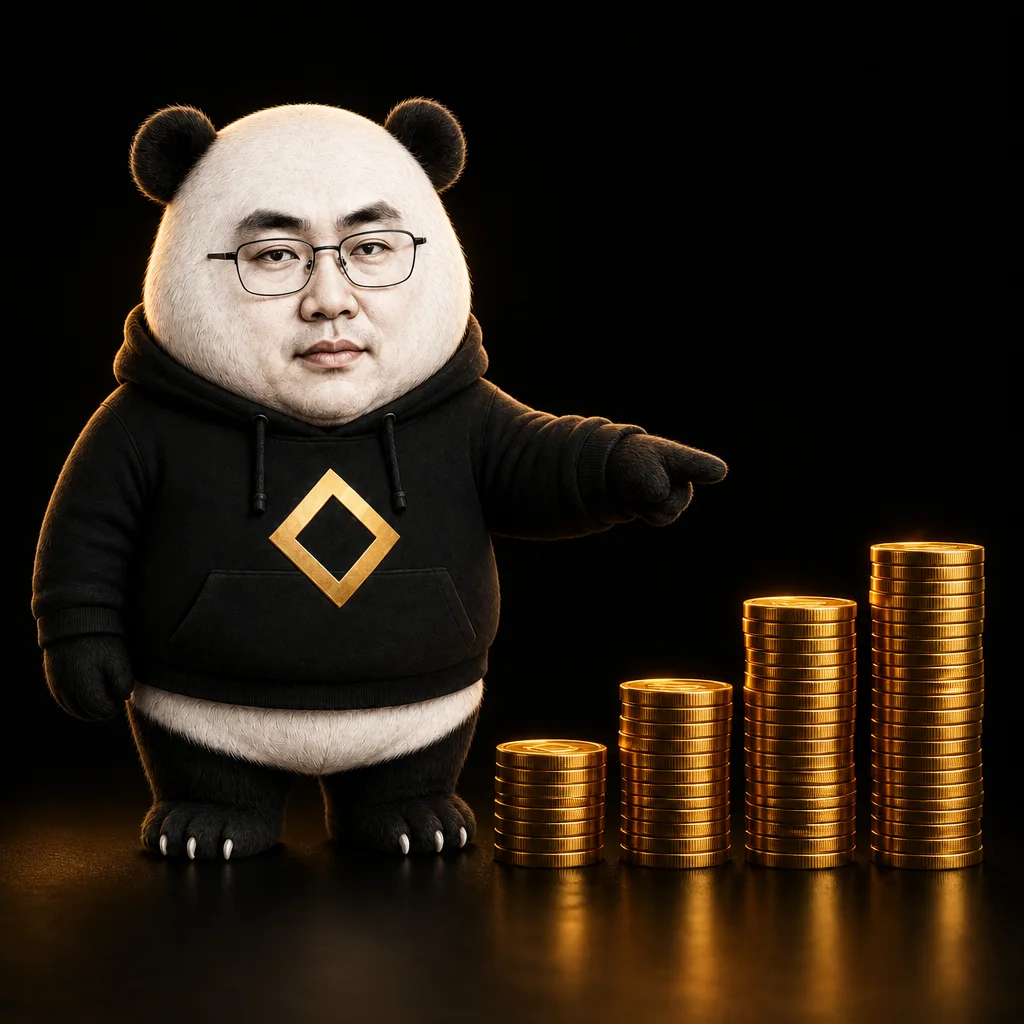 CZ-panda beside four groups of gold coin stacks