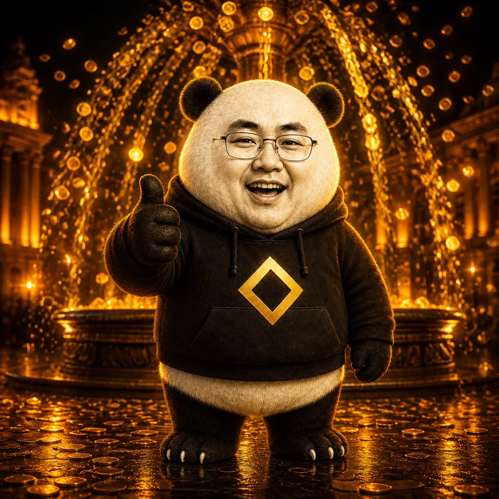 CZ-panda at a fountain spraying gold coins