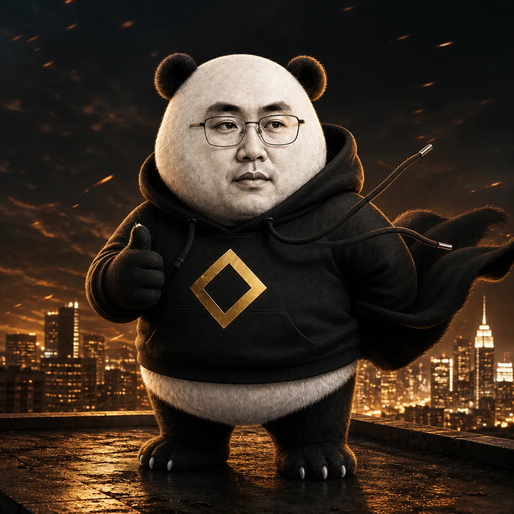 CZ-panda on a windy rooftop, hoodie strings flying