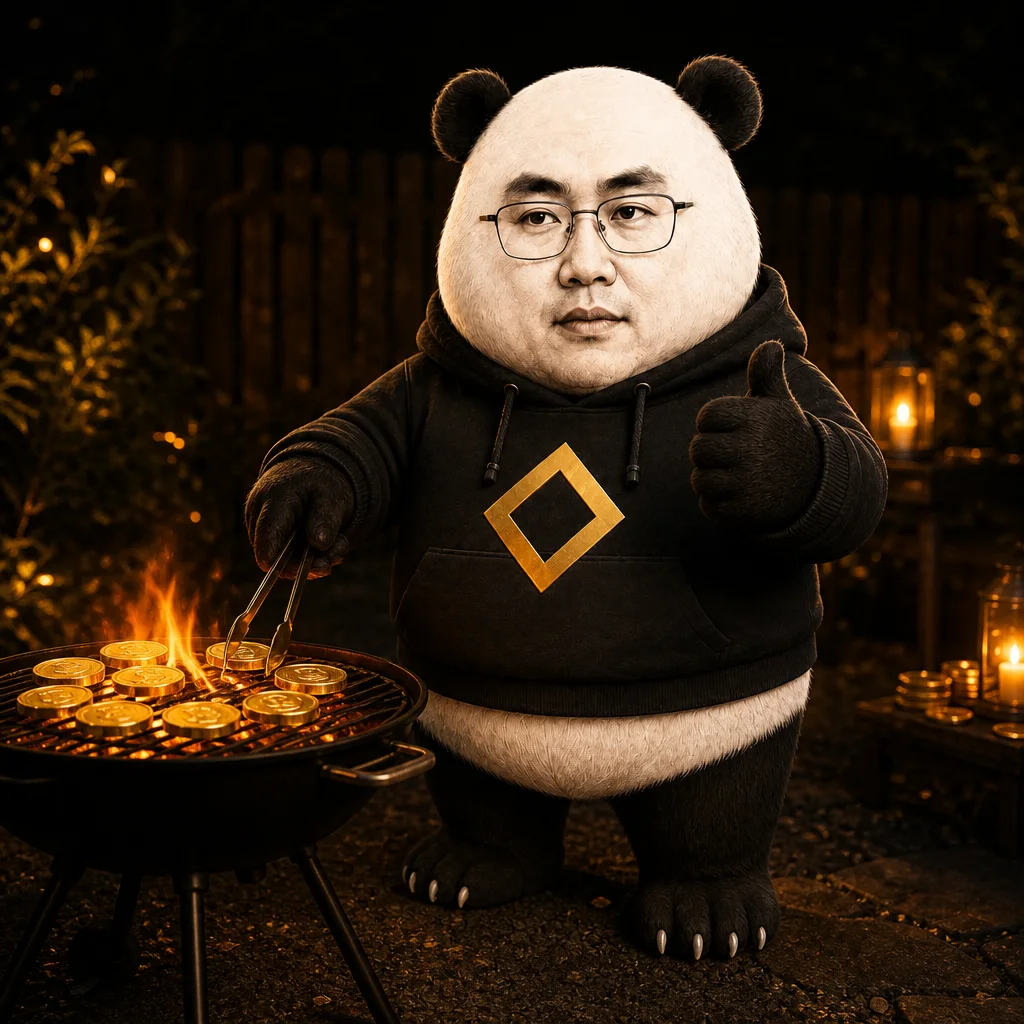 CZ-panda grilling gold coins over fire-orange coals