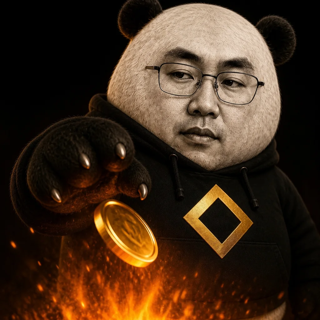 Close-up of CZ-panda fingers releasing a gold coin into fire glow