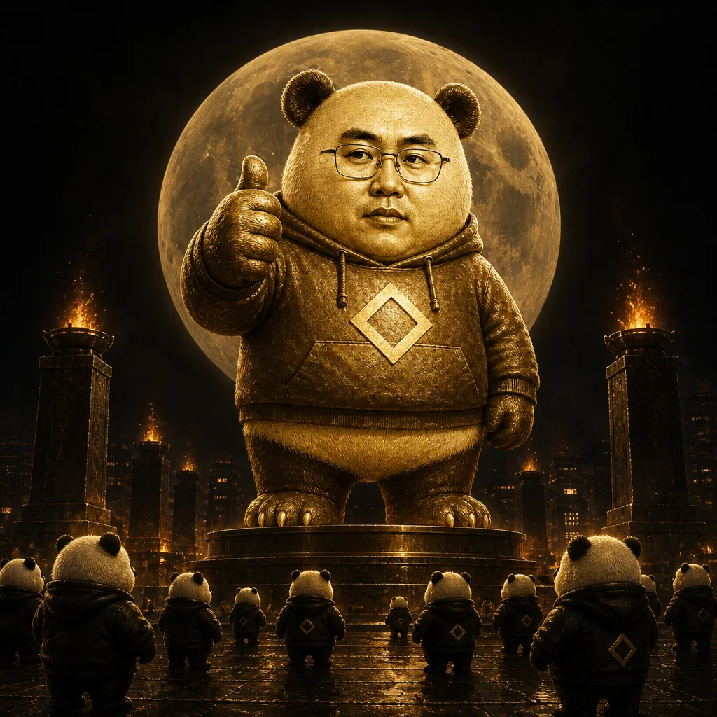 Giant gold CZ-panda thumbs-up statue under a gold moon