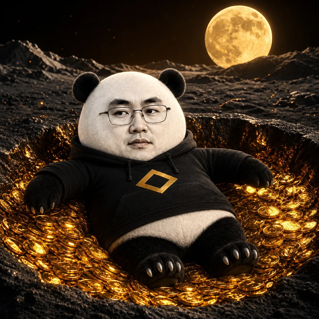 CZ-panda reclining in a crater of liquid gold coins