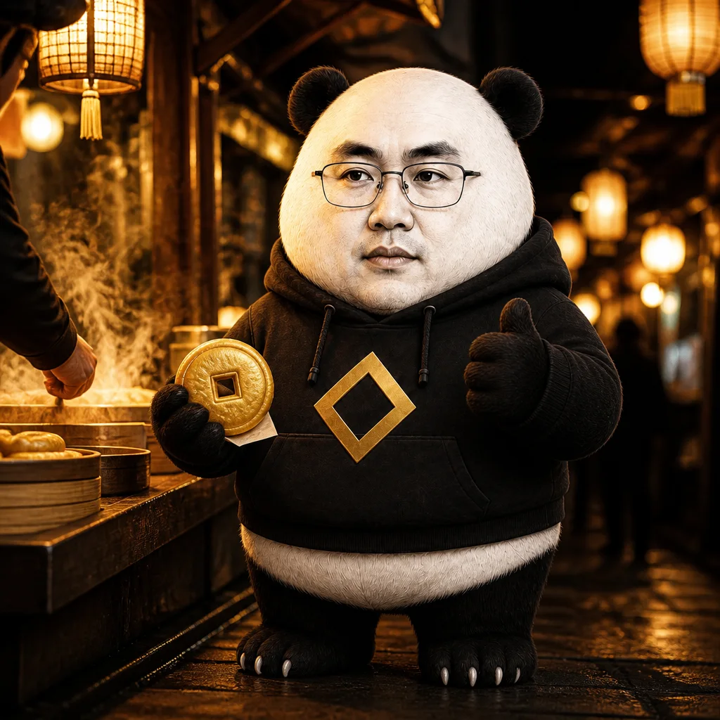 CZ-panda at a gold-lit night market