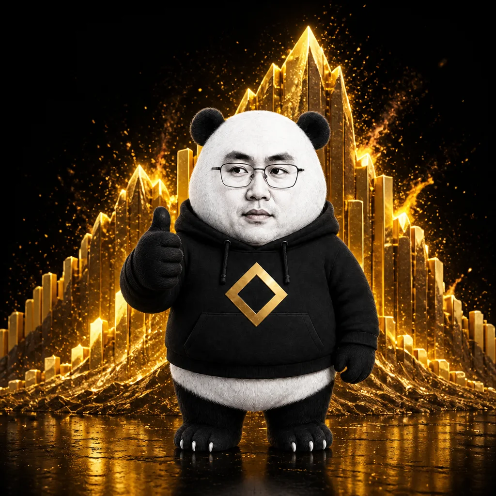 CZ-panda in front of a soaring gold mountain chart