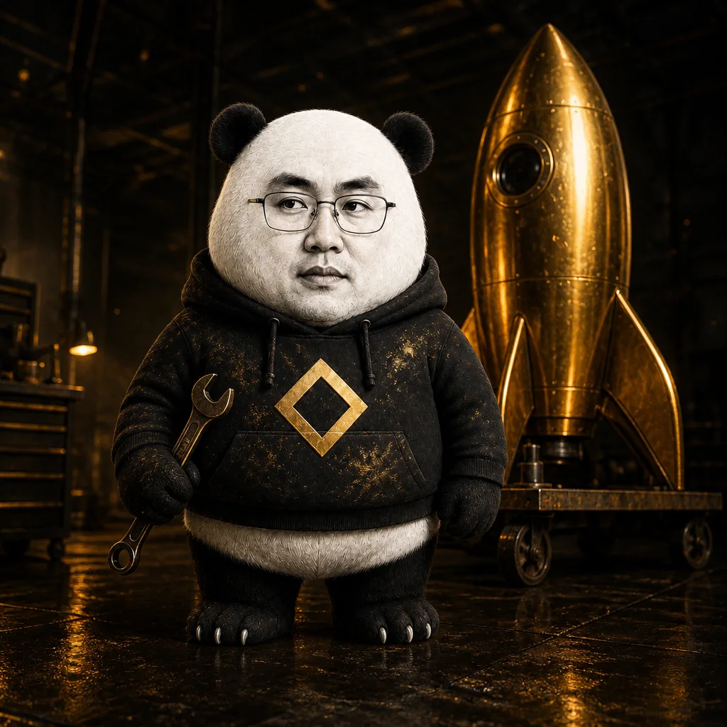 CZ-panda in a garage with a gold rocket on a dolly