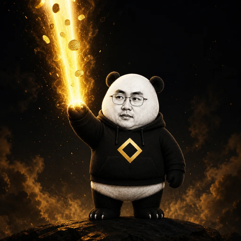 CZ-panda firing a gold send-beam of coins into the sky