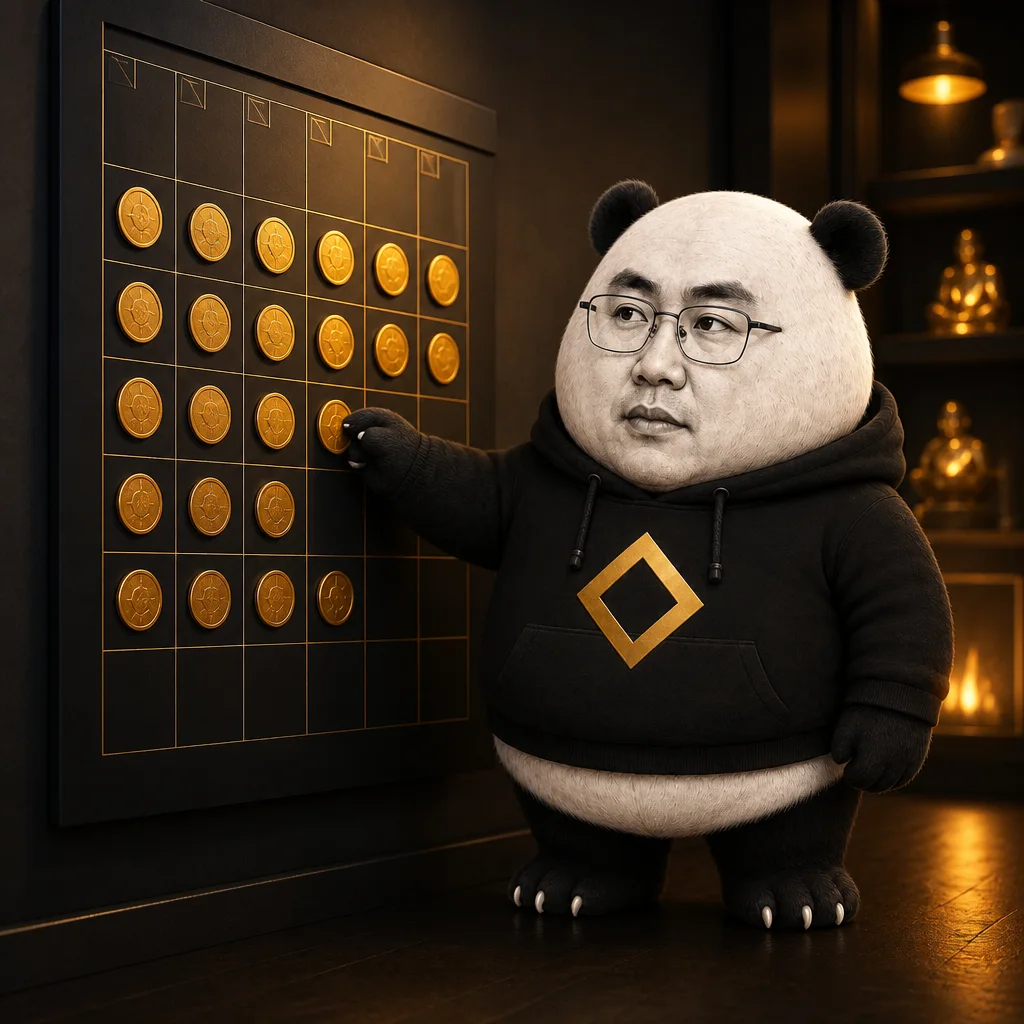 CZ-panda adding a gold-coin sticker to a calendar