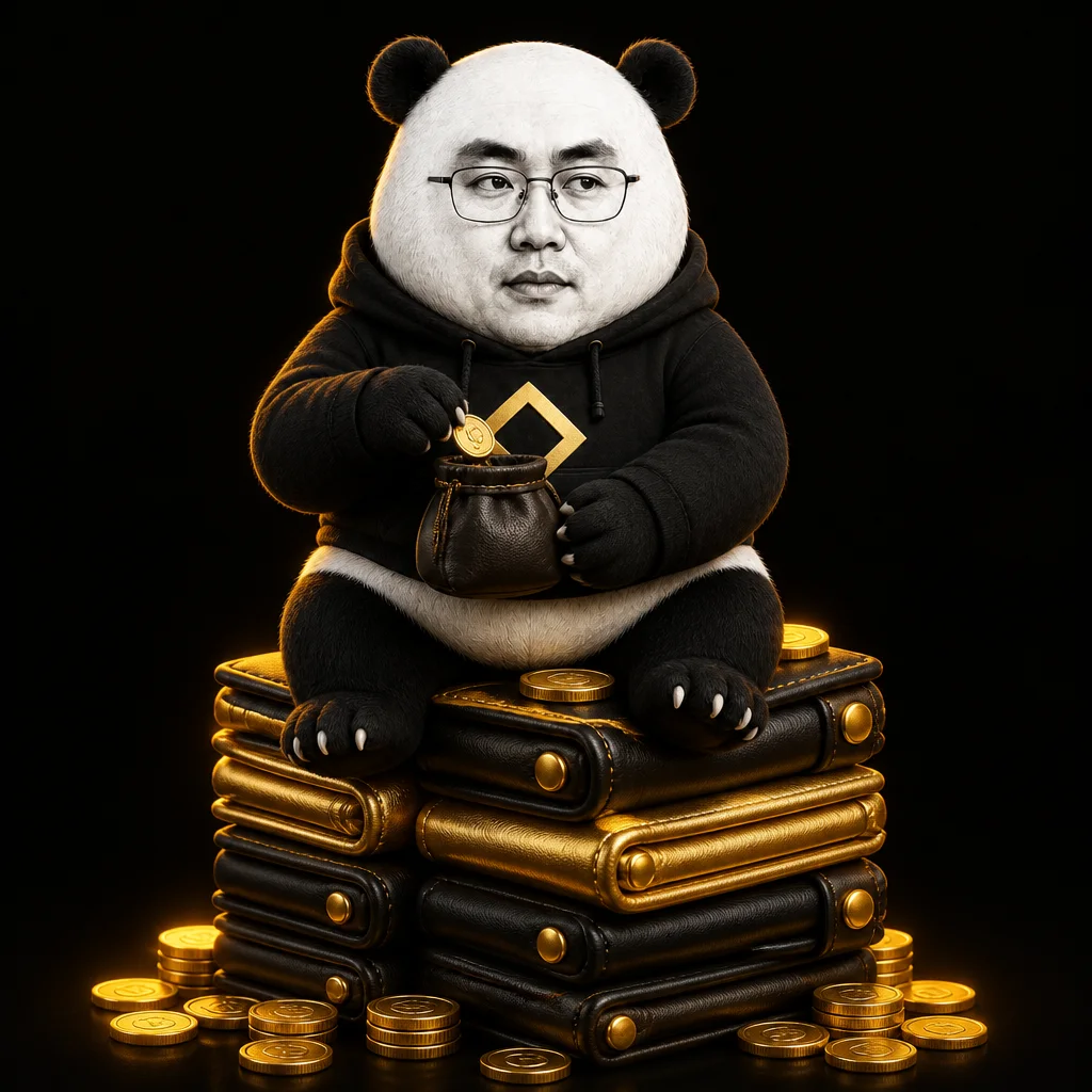 CZ-panda sitting on a stack of cartoon wallets